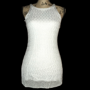 WHBM White Silver Crochet Sleeveless Sheath Mini Dress Beaded Halter Small